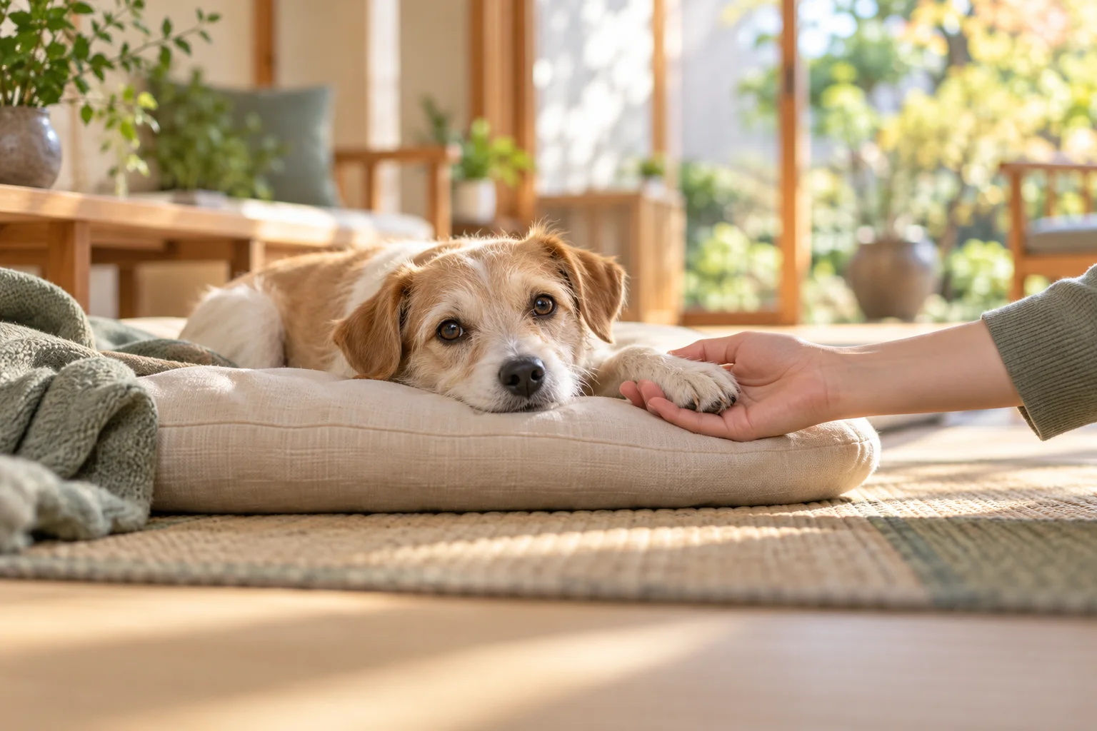 人の手に前足を重ねる犬の生成イメージ